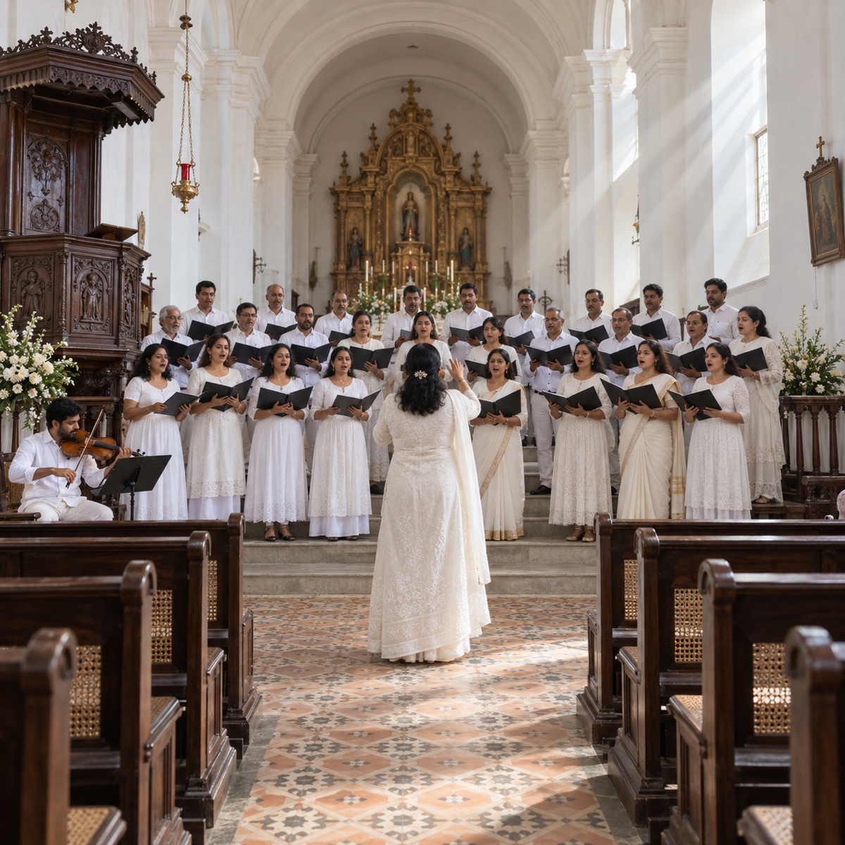 A choir singing inside a whitewashed church