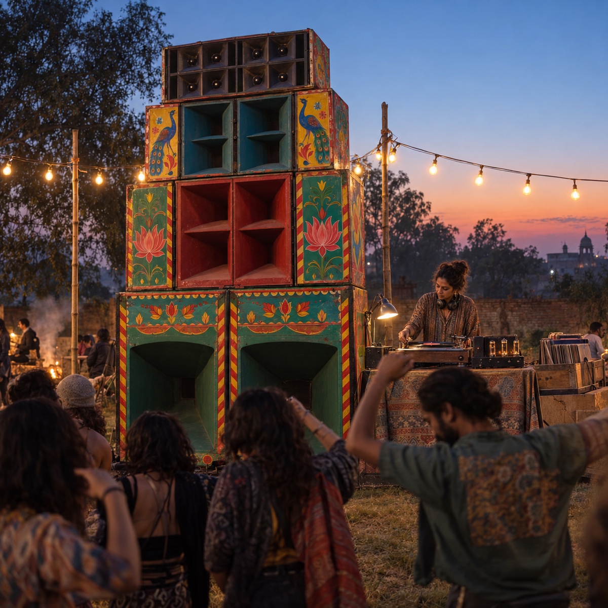A tall stack of hand-painted speakers with a selector