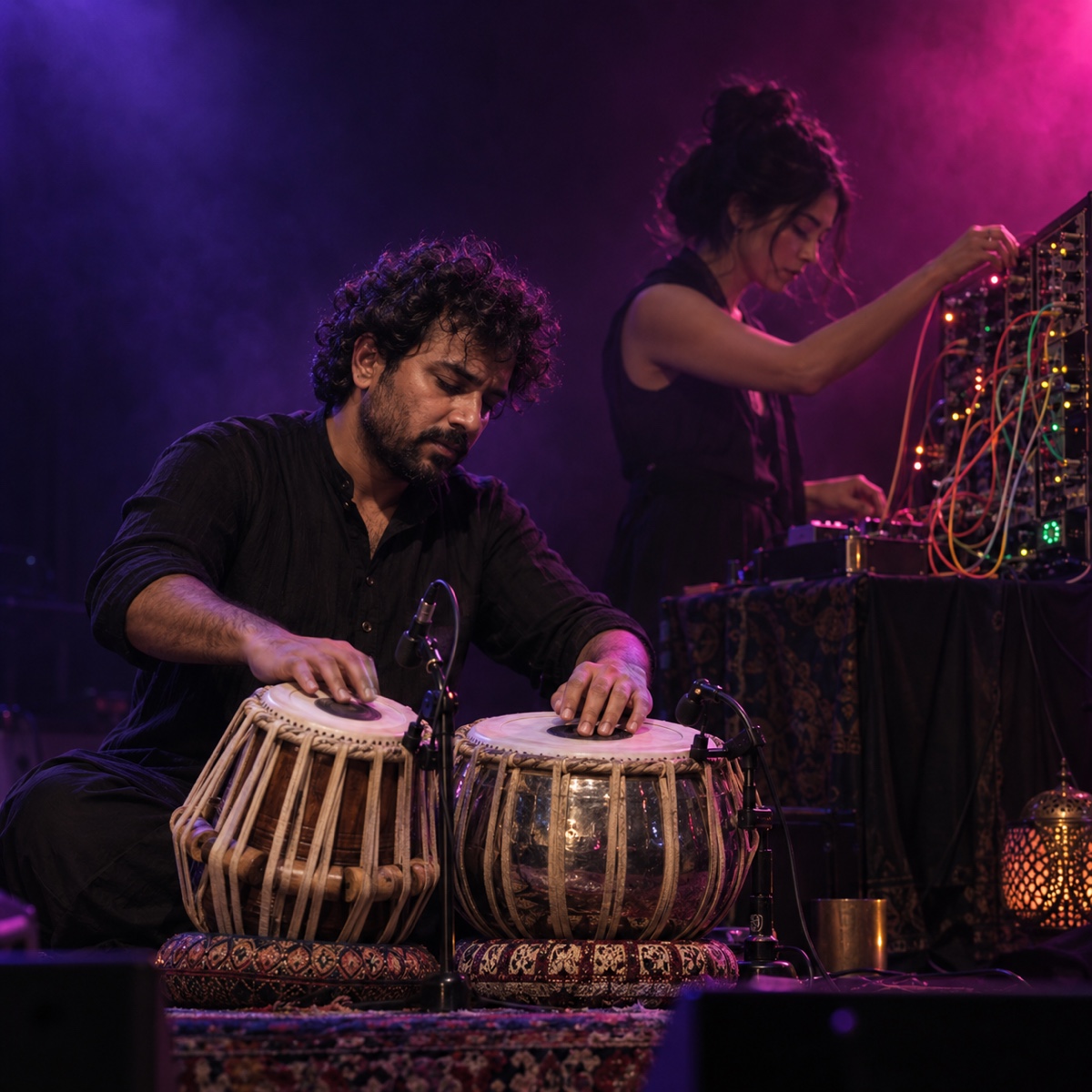 A tabla player lit in purple beside synthesisers
