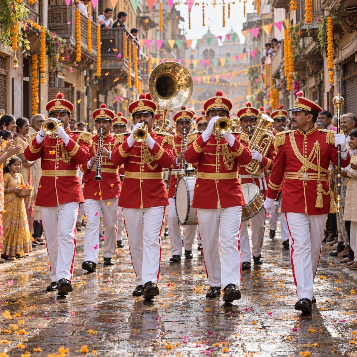 A brass band in red uniforms marching