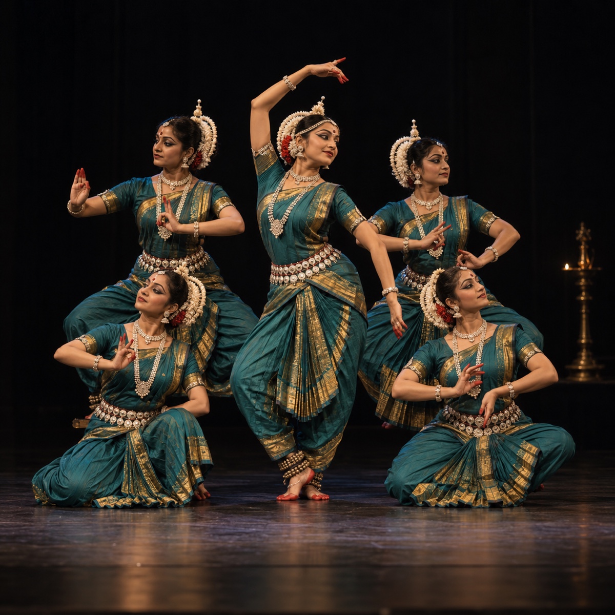 Odissi dancers in a sculptural group pose