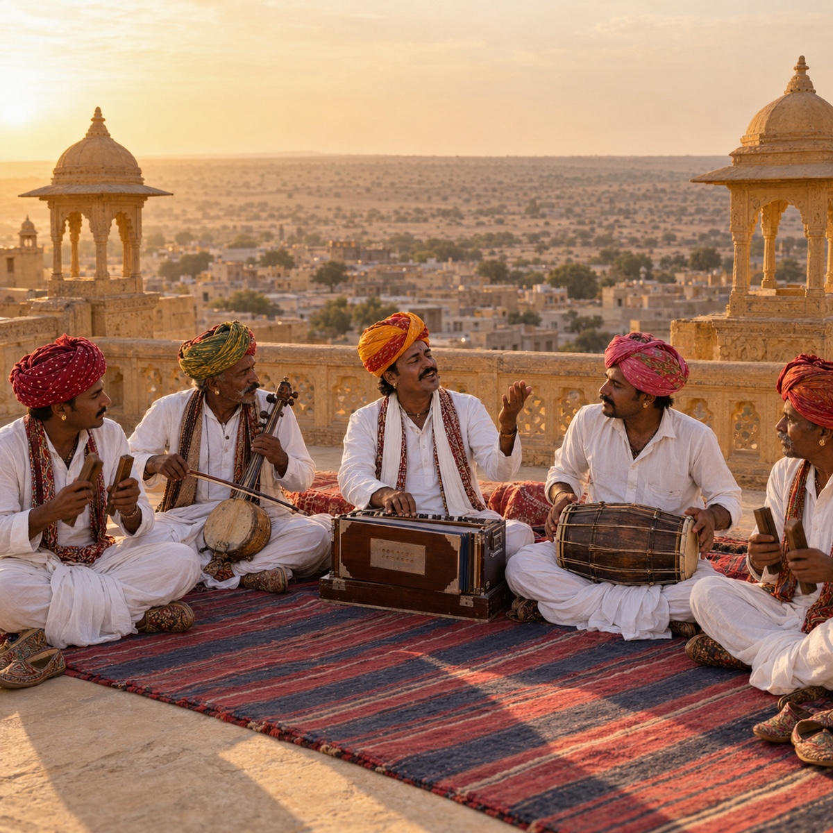 Folk musicians in bright turbans playing on a rooftop