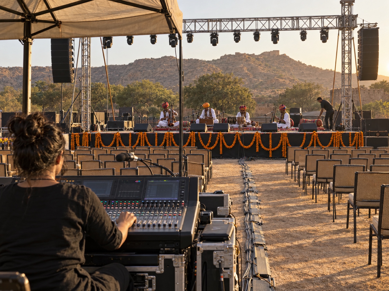 Folk musicians tuning on a festival stage before the gates open