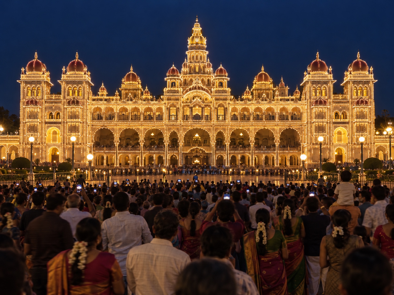 Mysuru Palace lit at night
