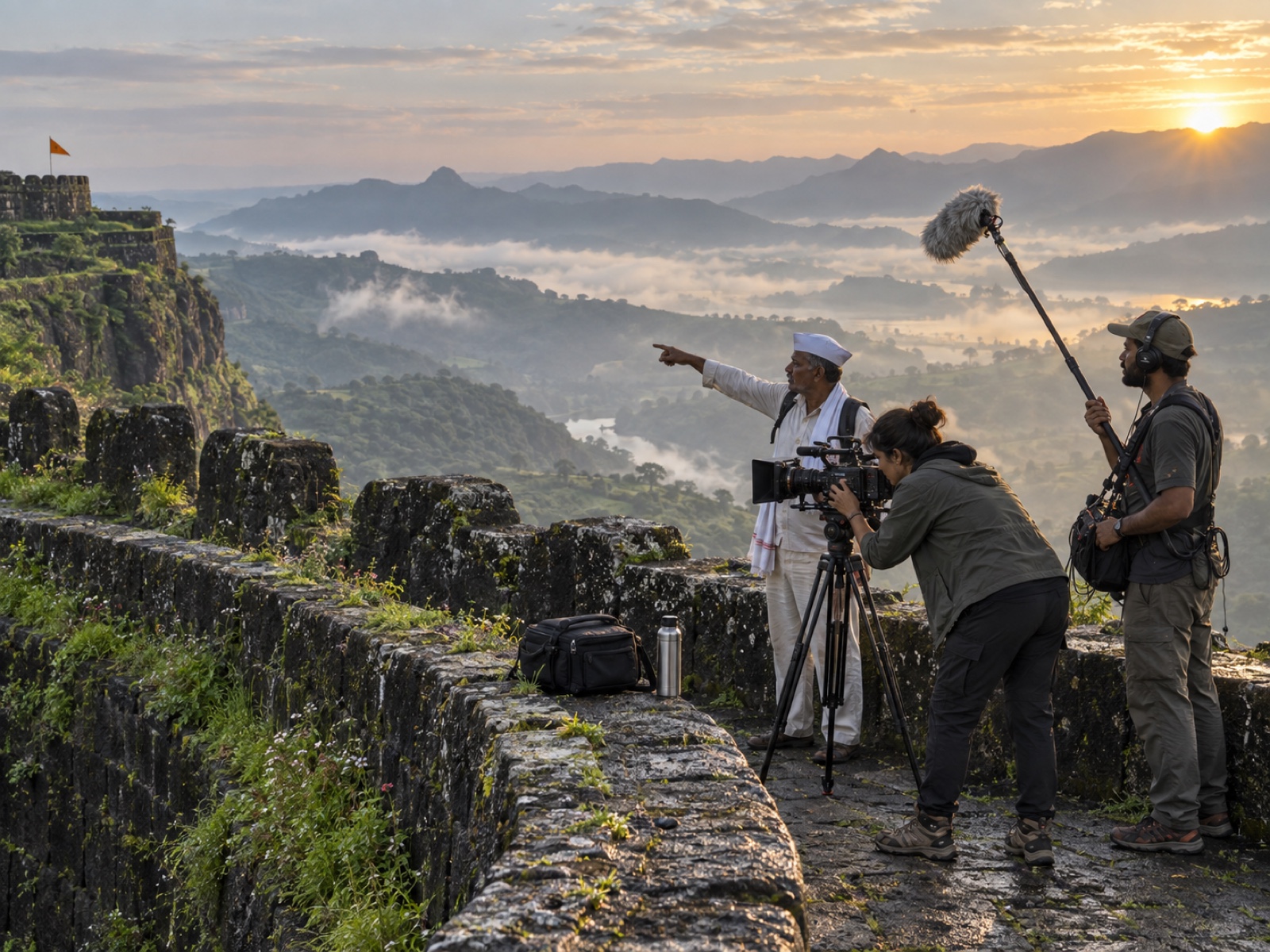A film crew on fort ramparts