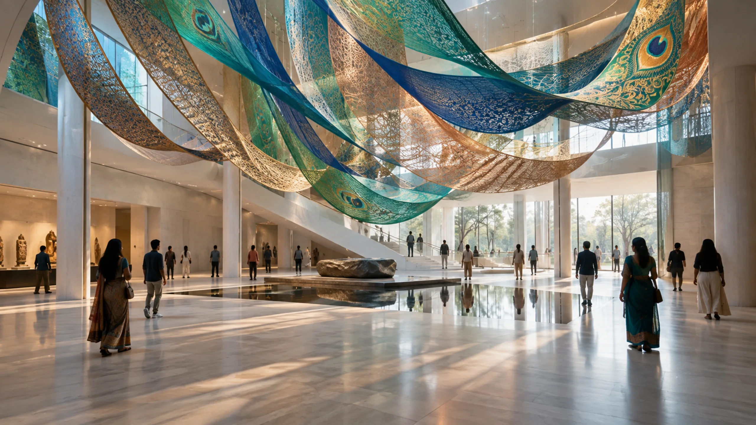 AI-generated illustration: Conceptual peacock-inspired installation in a museum gallery