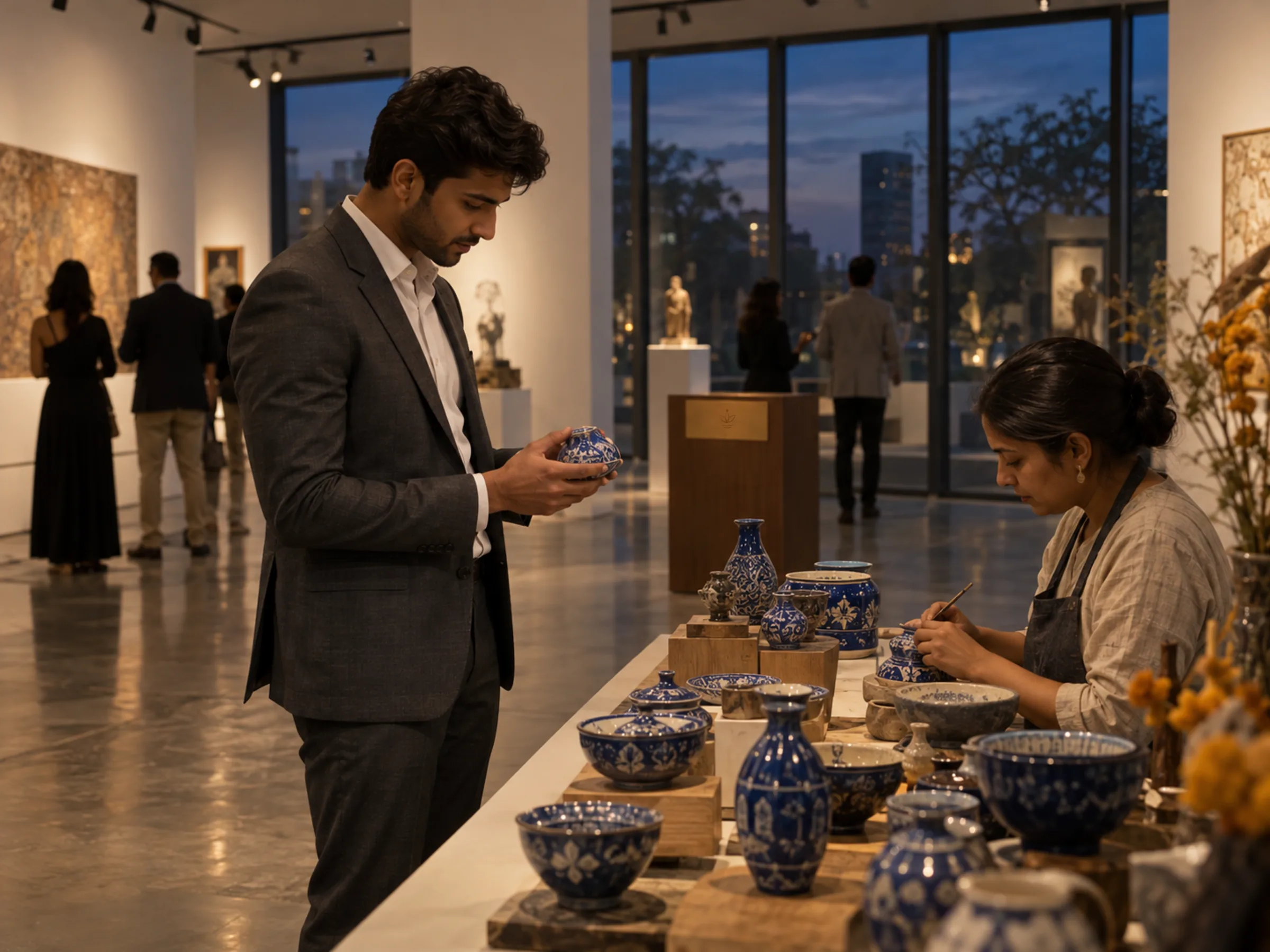 AI-generated illustration: Living Museum · Blue pottery