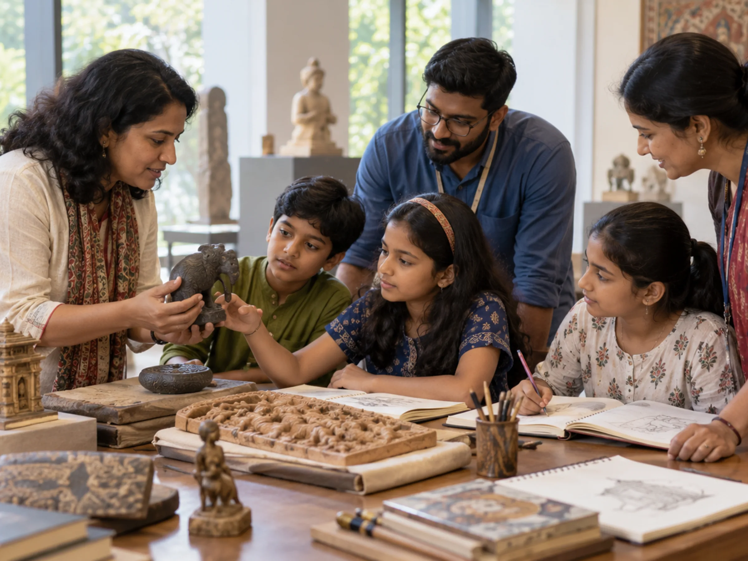AI-generated illustration: Young adults exploring heritage learning in a museum workshop