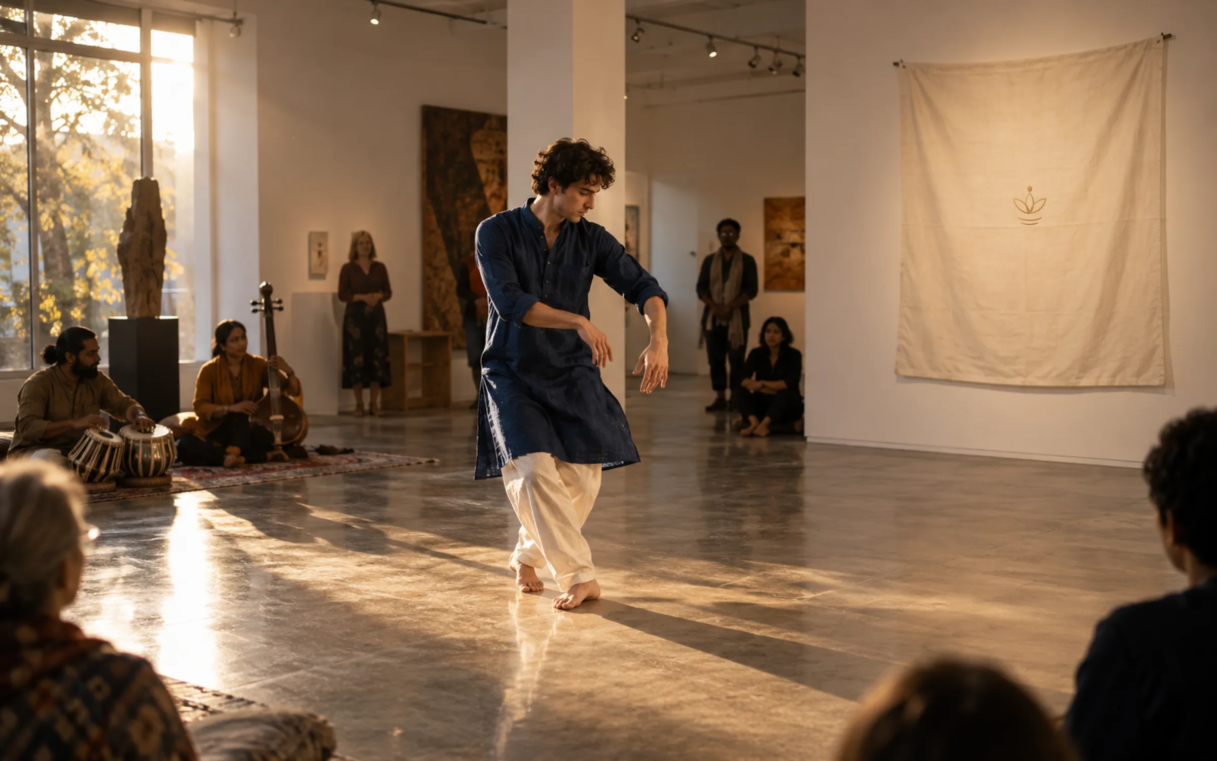 AI-generated illustration: Perform at Dharohar Dialogues — wide establishing view
