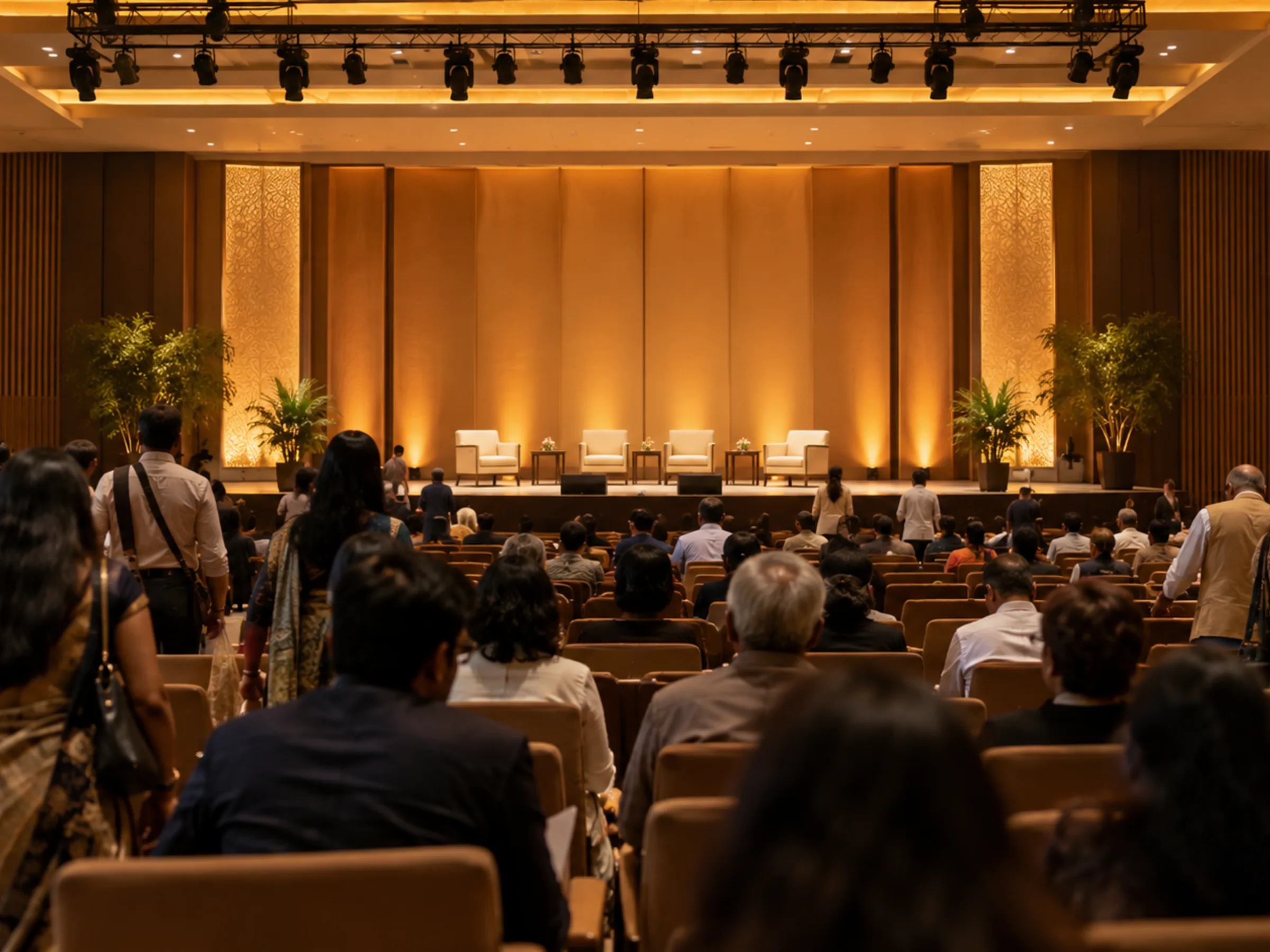 AI-generated illustration: Conceptual view of a cultural plenary gathering in a contemporary hall