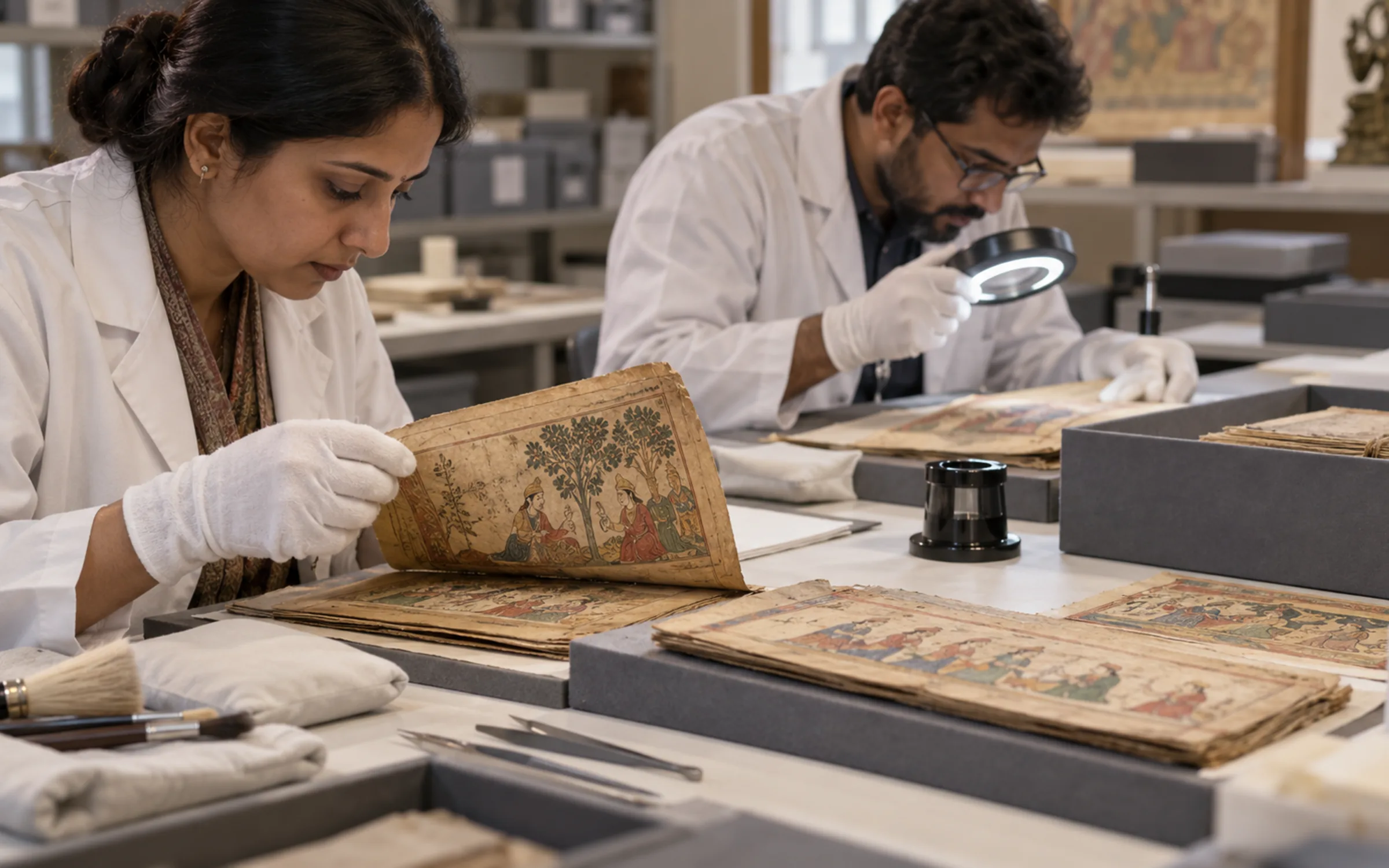 AI-generated illustration: Conservators caring for historic manuscripts in a reading room
