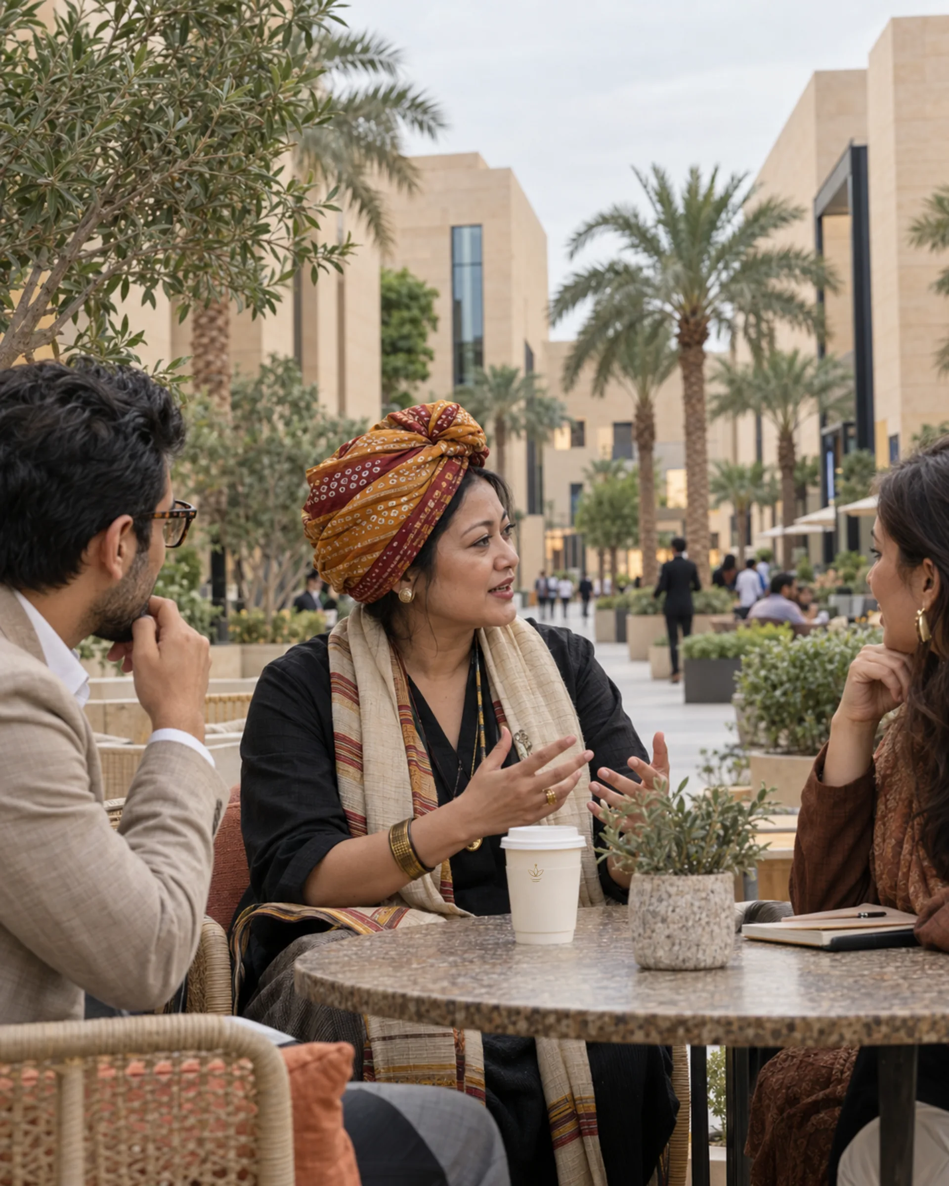 AI-generated illustration: Partner with Dharohar Dialogues — people in conversation