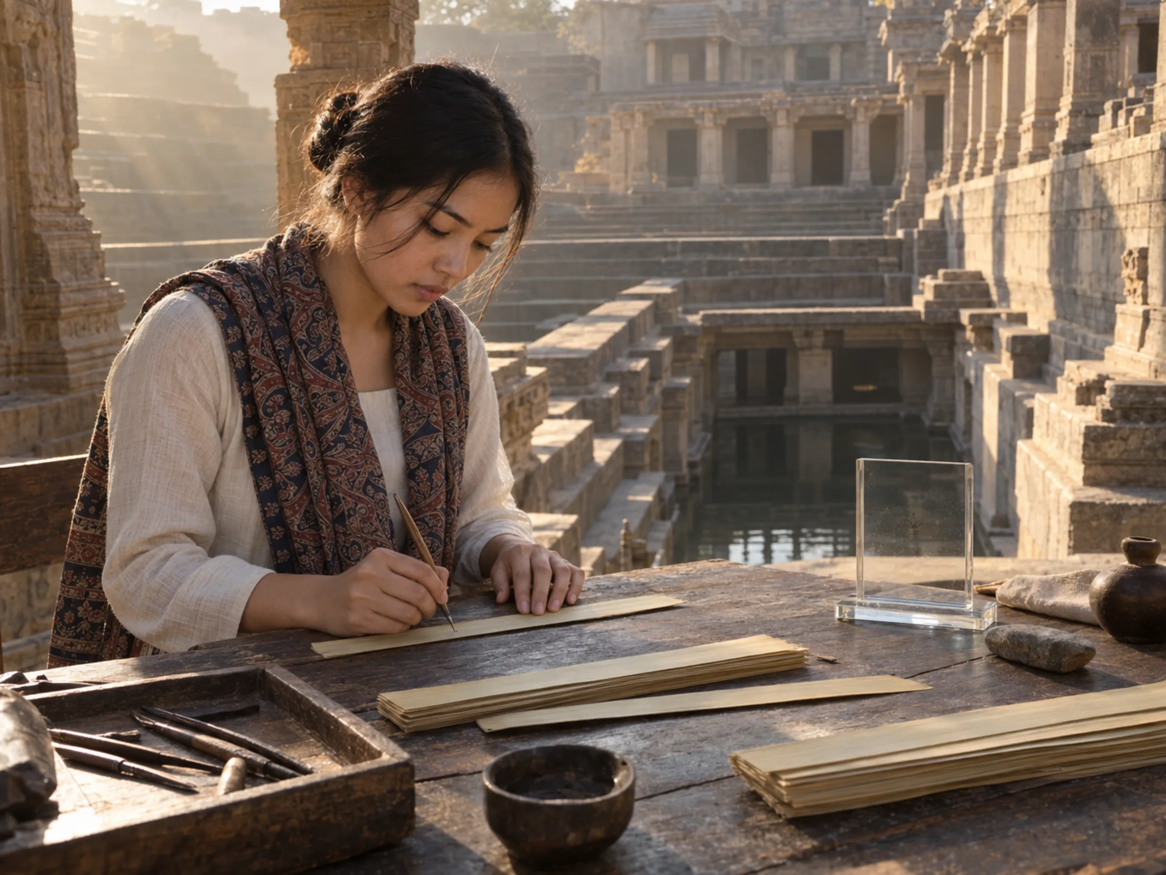 AI-generated illustration: Delegate craft workshops · Palm-leaf writing