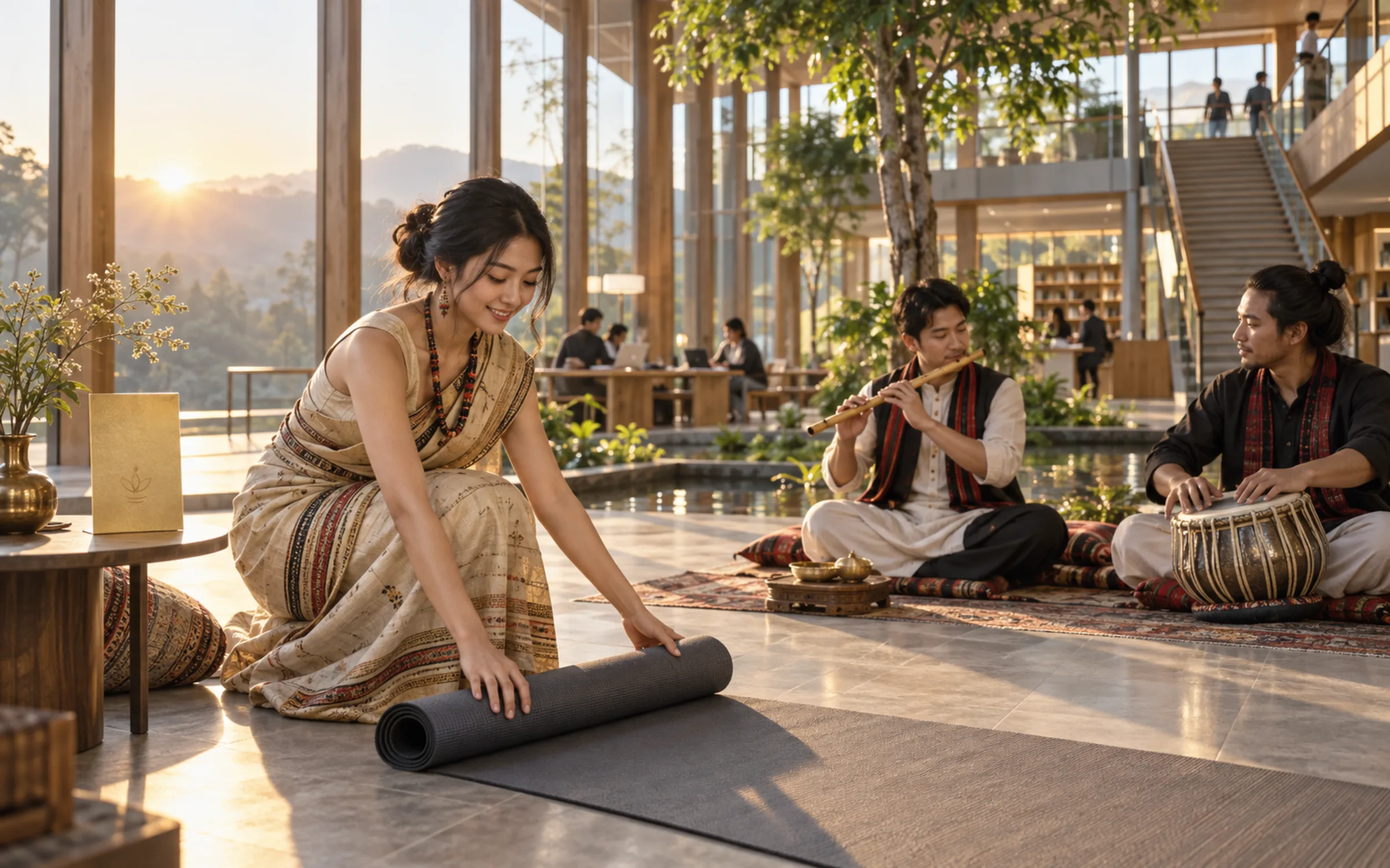 AI-generated illustration: Morning ragas and yoga