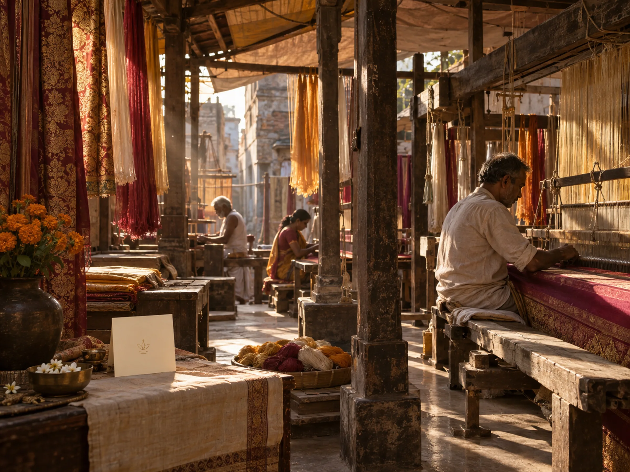 AI-generated illustration: Weavers in the pavilion