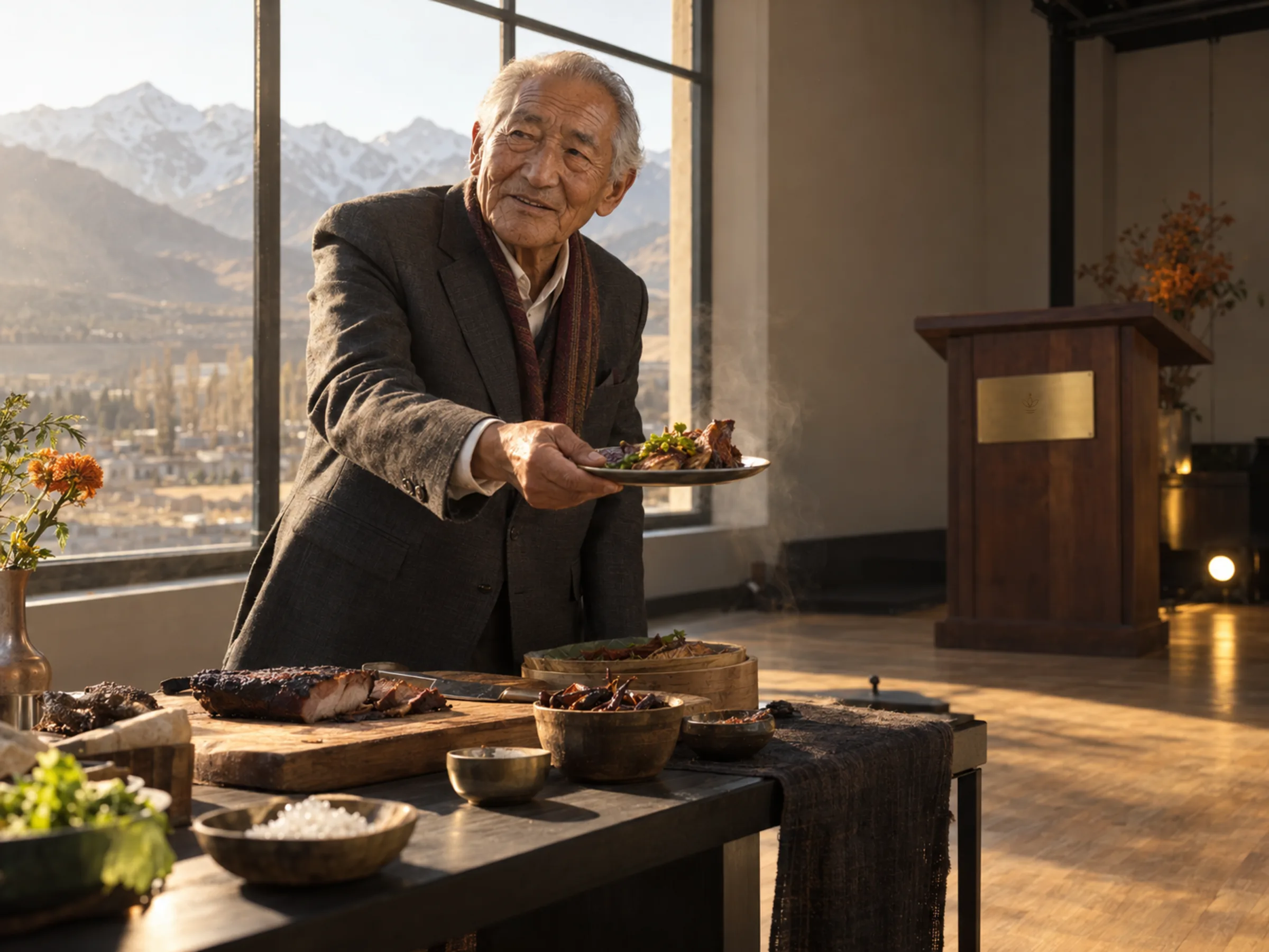 AI-generated illustration: Heritage food court · Naga smoked dishes