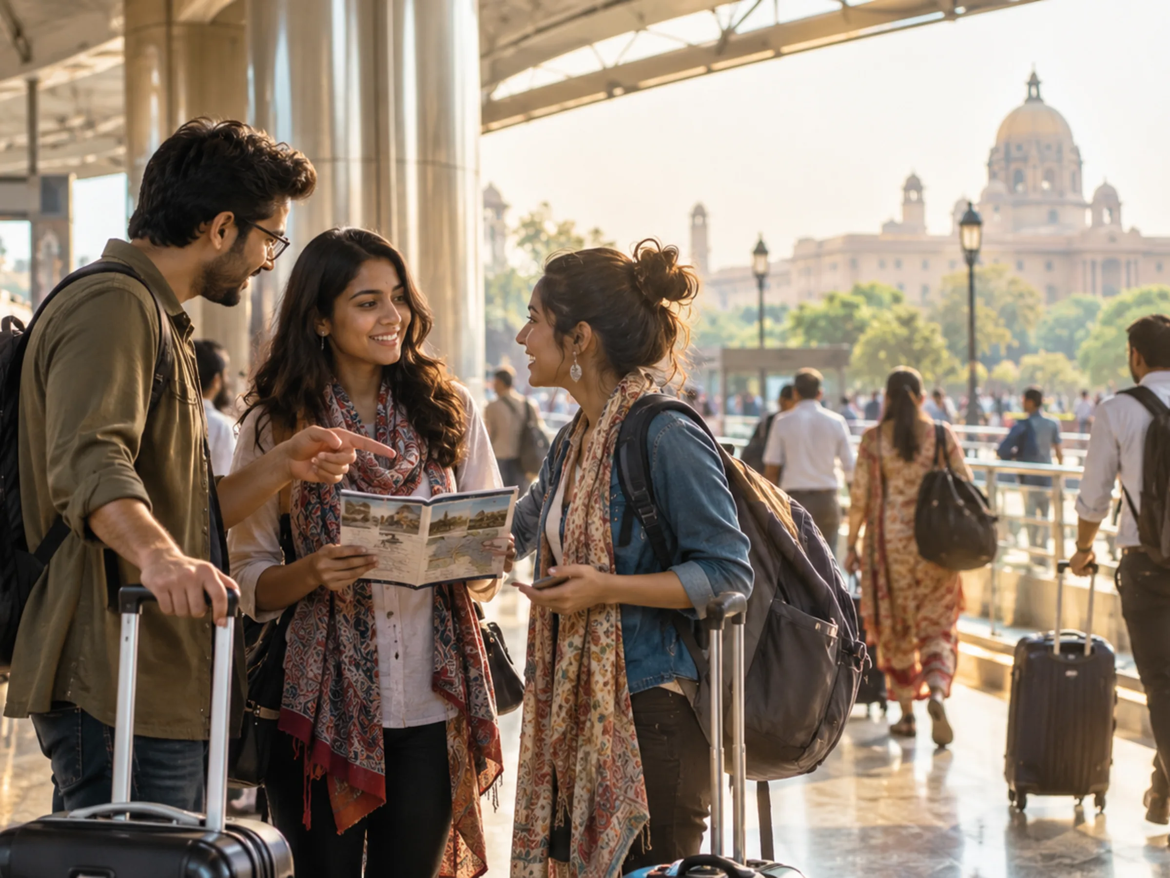 AI-generated illustration: Travellers planning a cultural visit to New Delhi