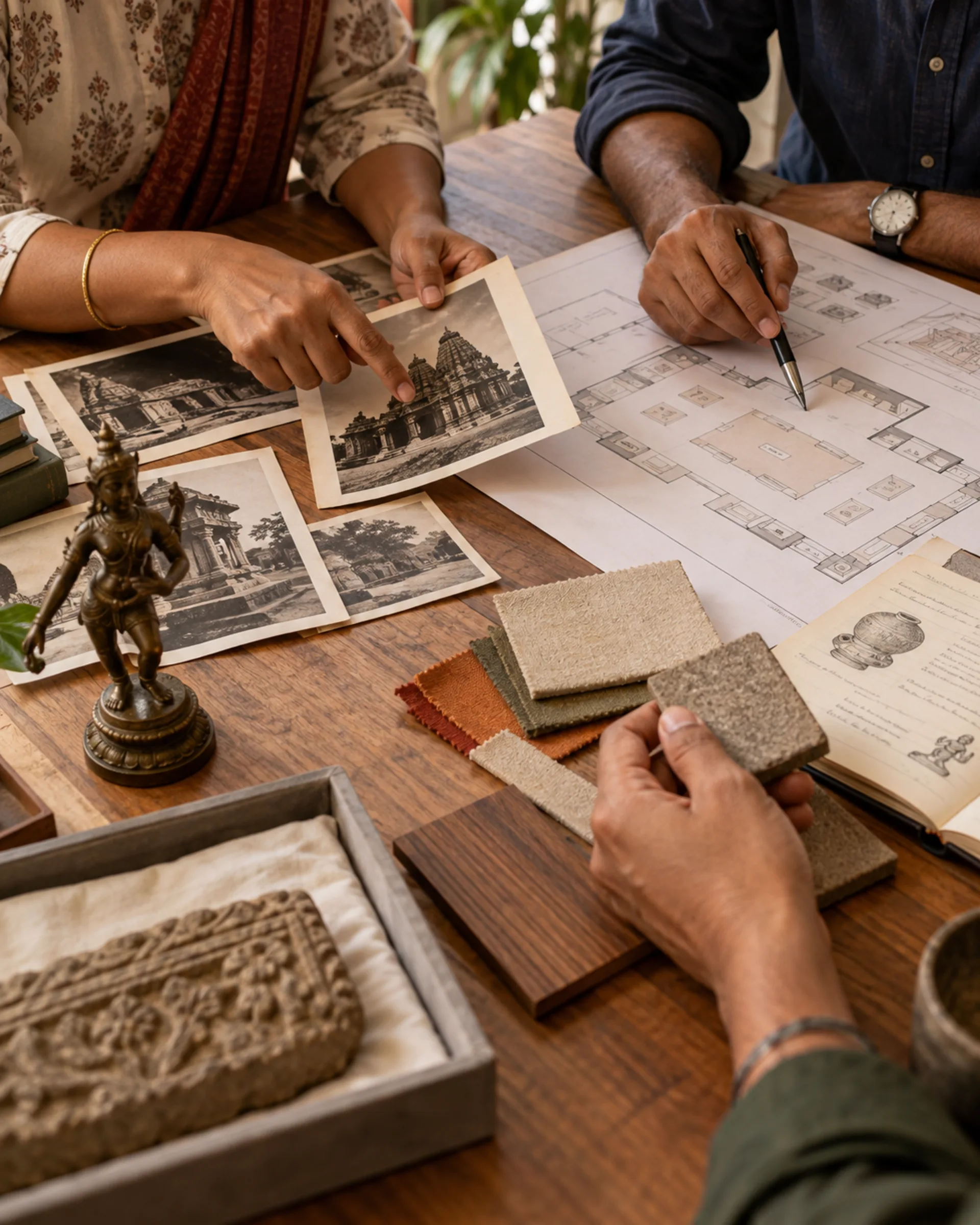 AI-generated illustration: Hands reviewing plans and models for a future museum