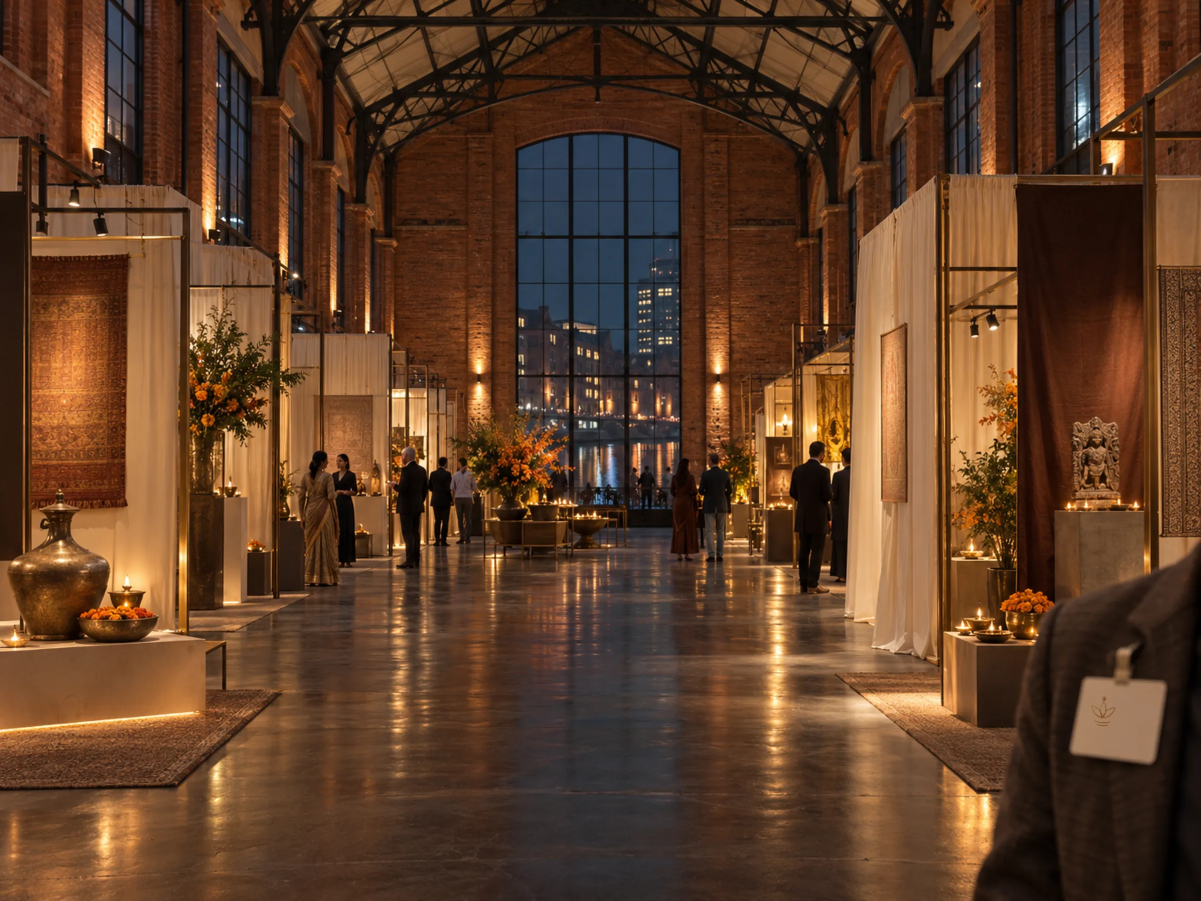 AI-generated illustration: Exhibition hall with pavilions