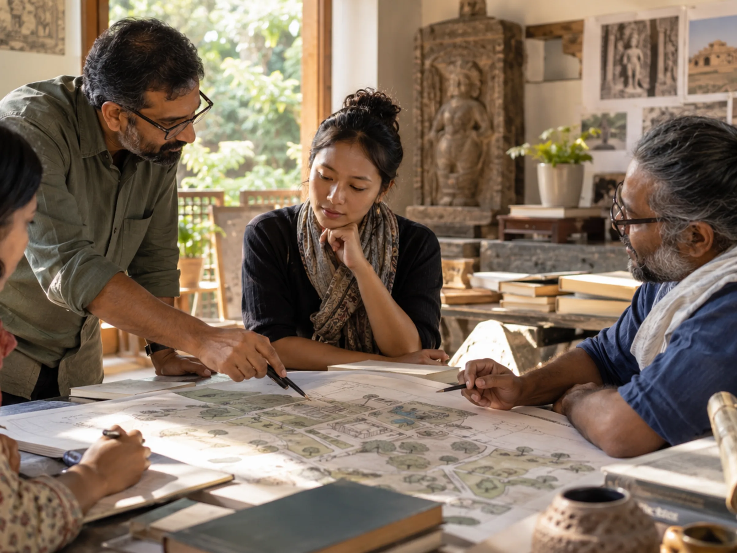 AI-generated illustration: Conservators discussing shared heritage places over a site map