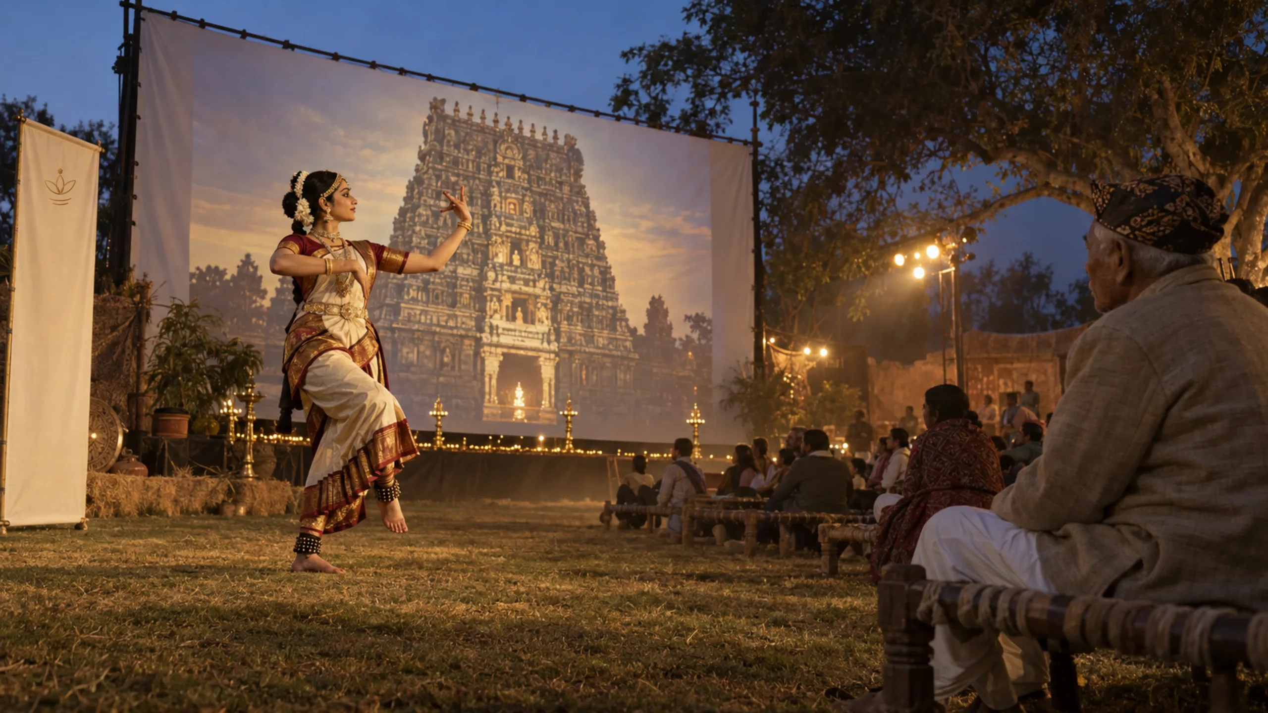 AI-generated illustration: Bharatanatyam dancer before a temple gopuram projection