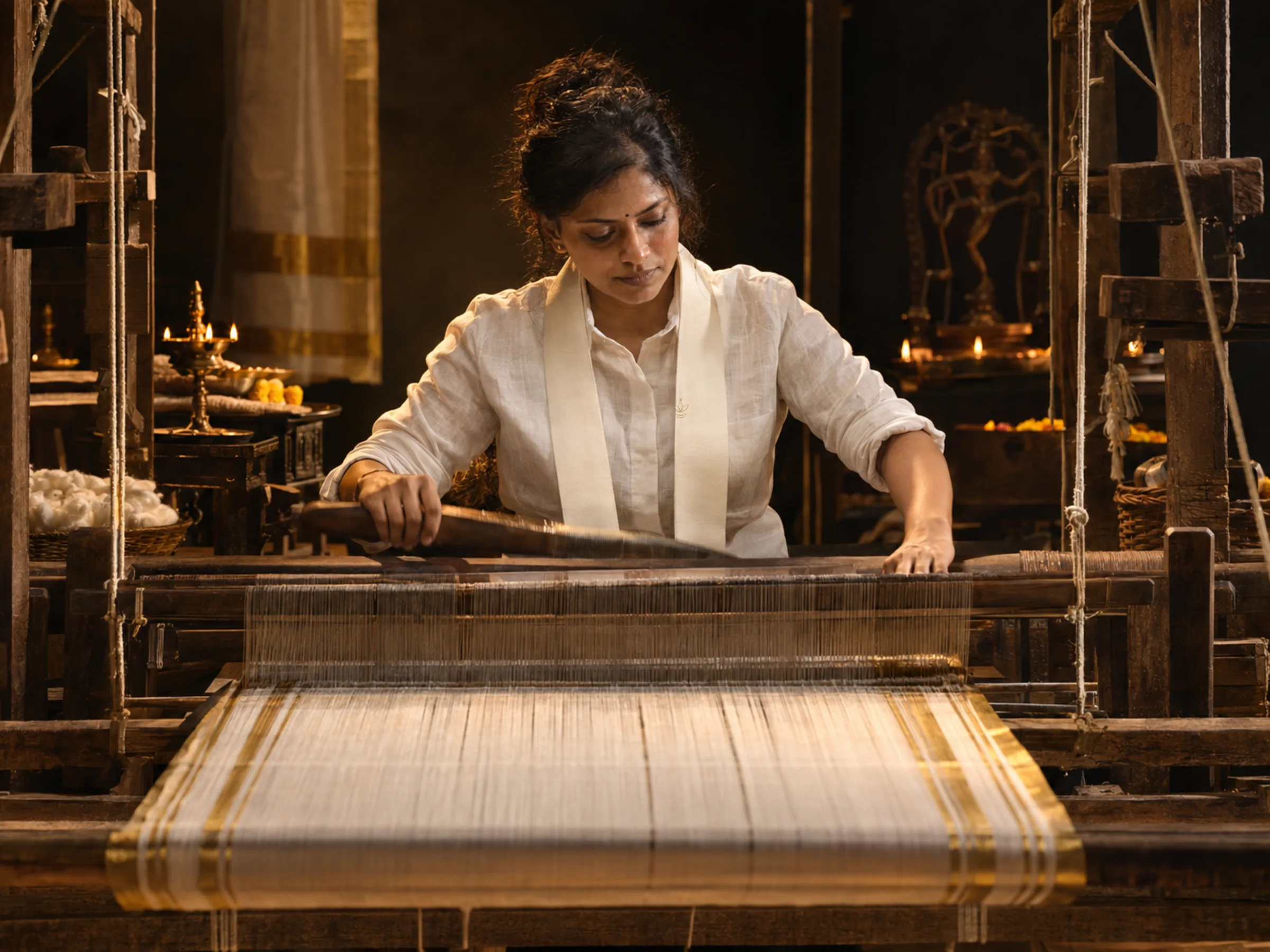 AI-generated illustration: Weaver at a pit loom