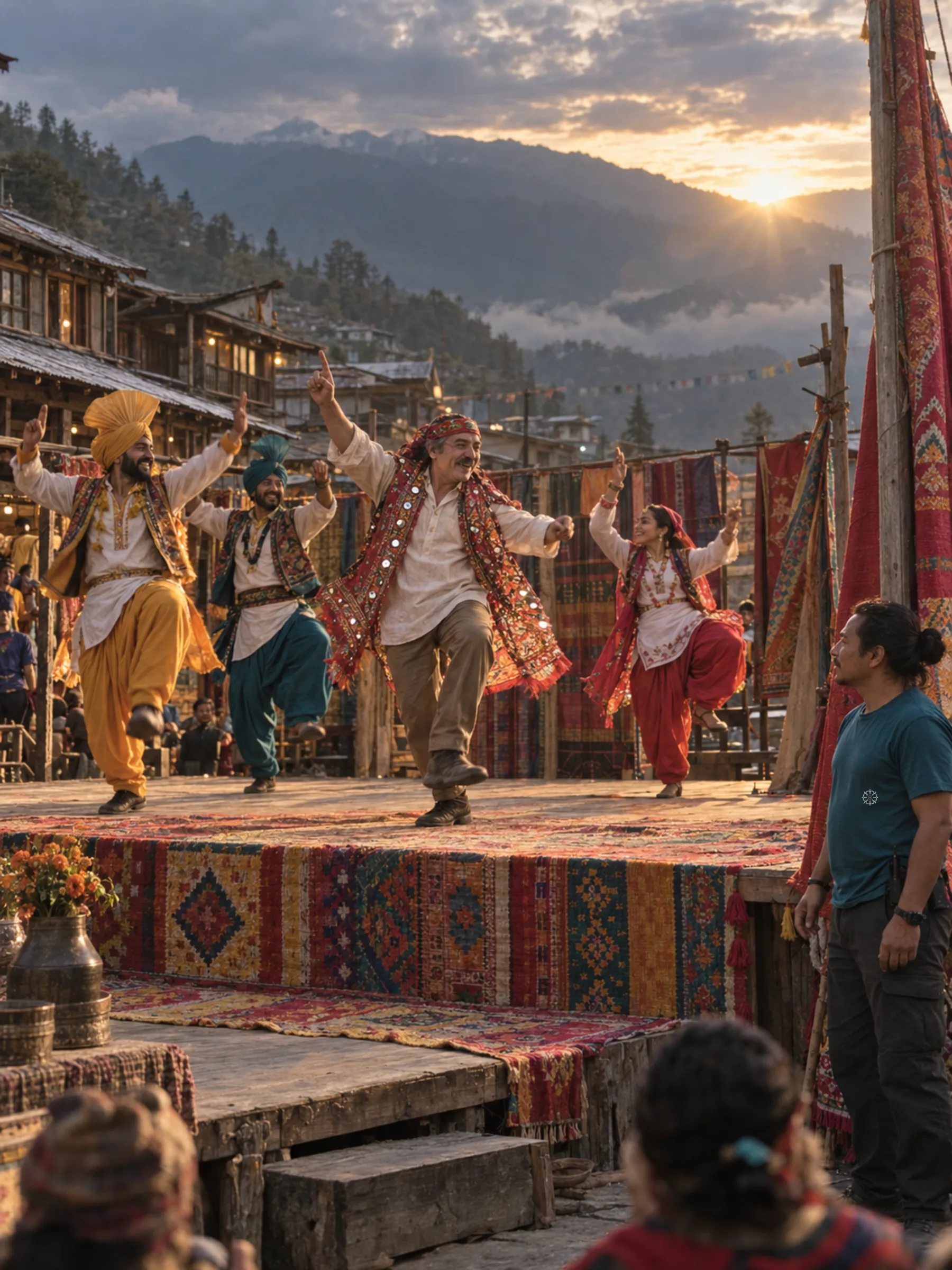 AI-generated illustration: Phulkari-draped stage with bhangra dancers at dusk