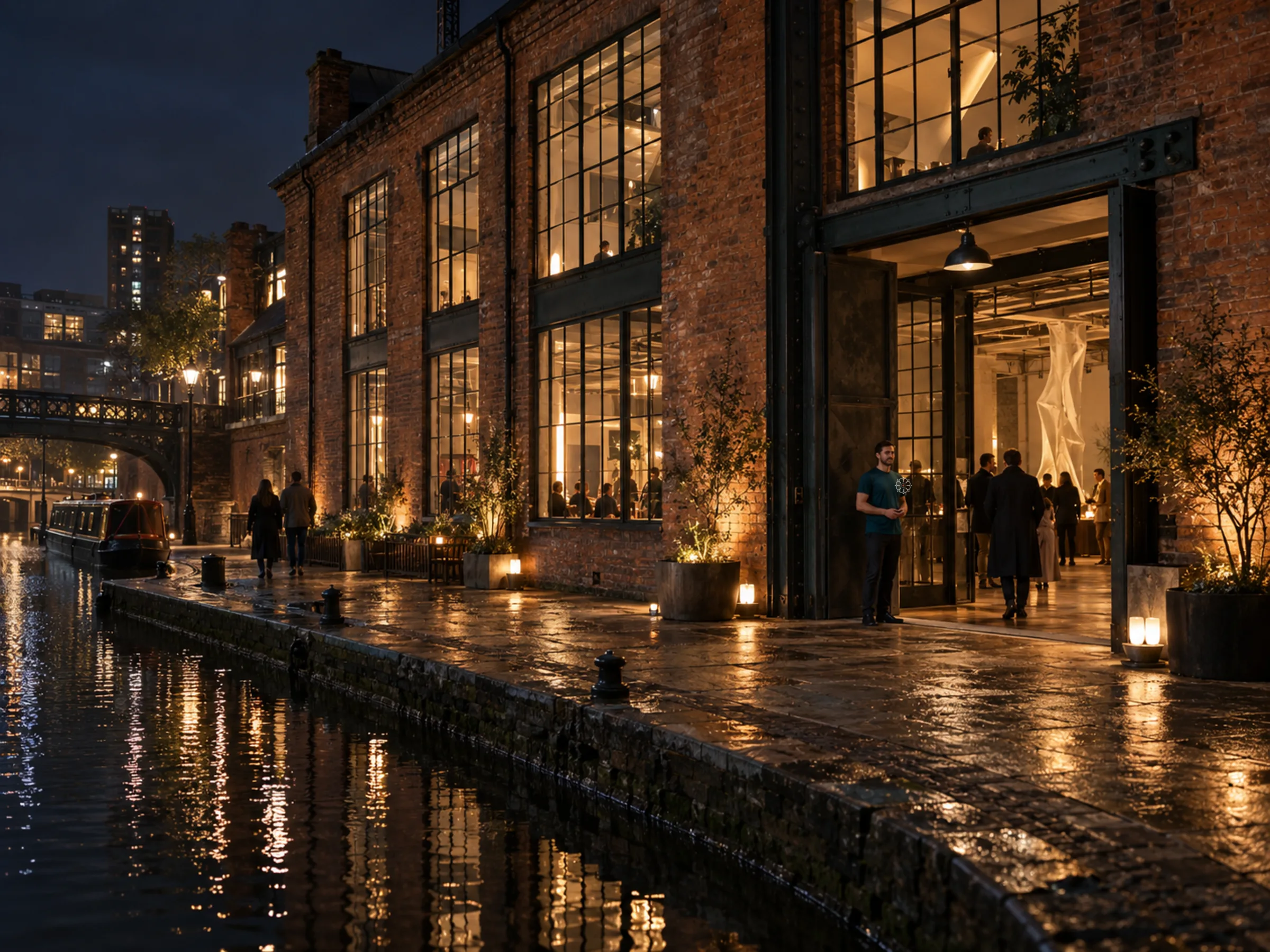 AI-generated illustration: Lotus-lit convention forecourt at dusk