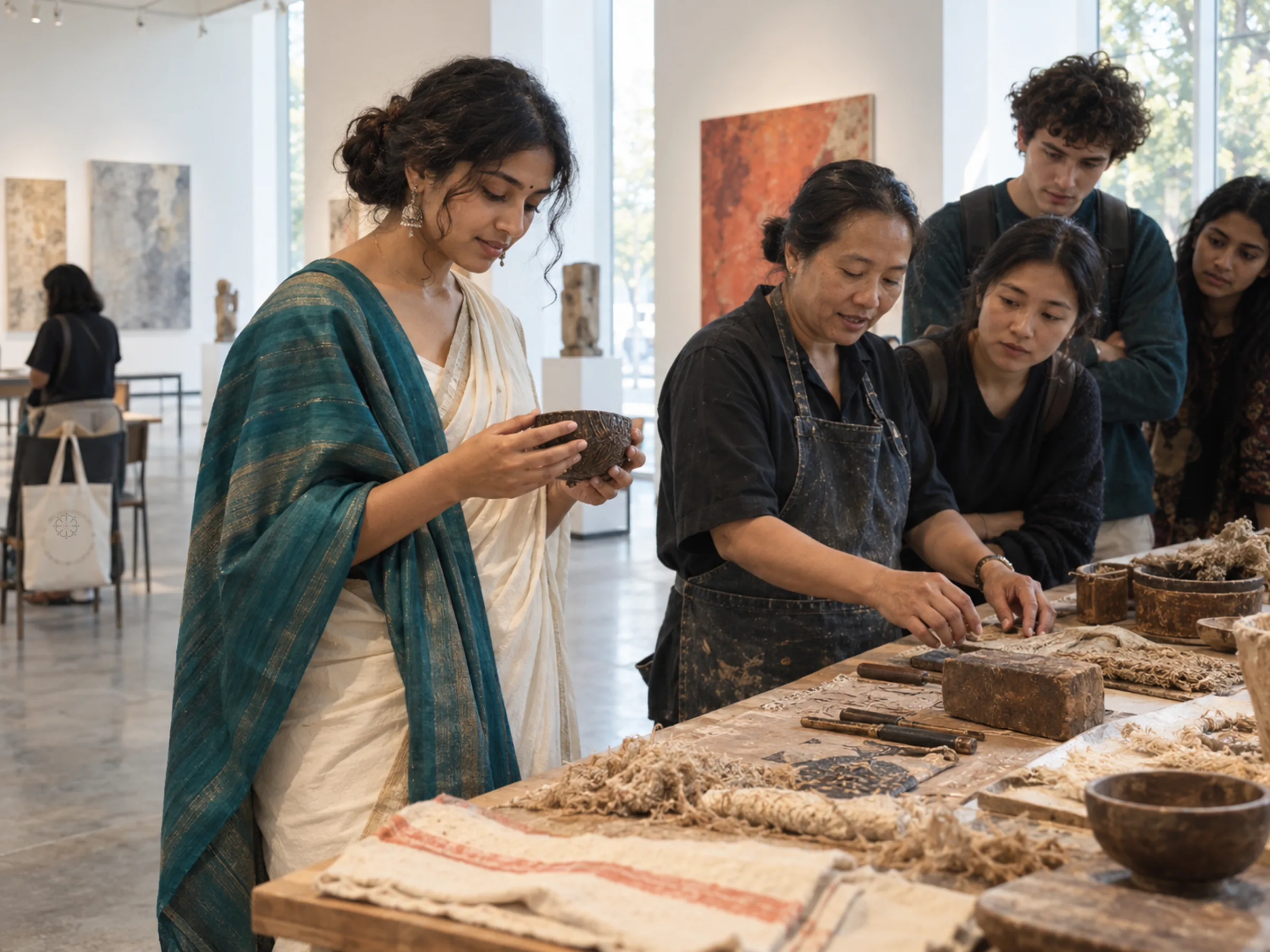 AI-generated illustration: Students in fieldwork with artisans