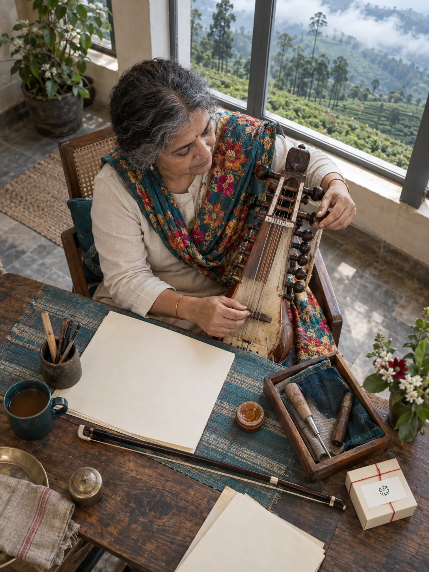 AI-generated illustration: Punjabi poet and sarangi player in a courtyard