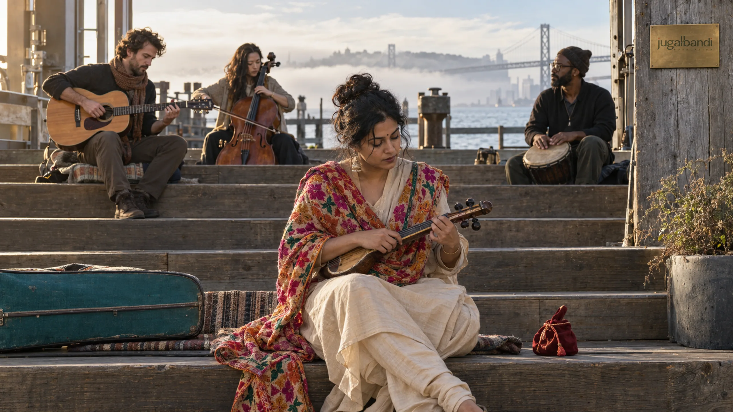 AI-generated illustration: Musicians at dawn on a stepped temple tank