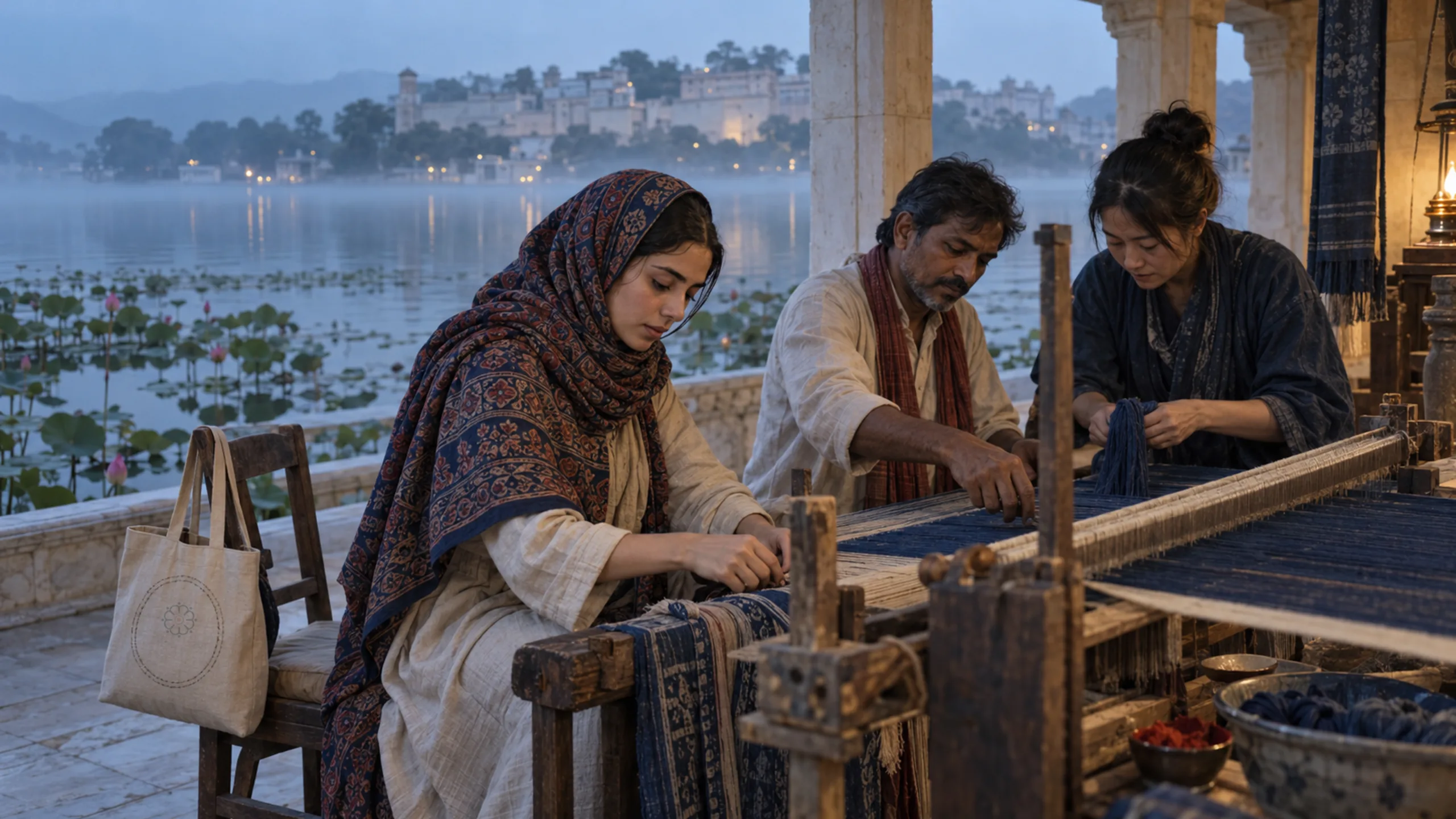 AI-generated illustration: Weaver from Varanasi and Japanese indigo dyer at one loom