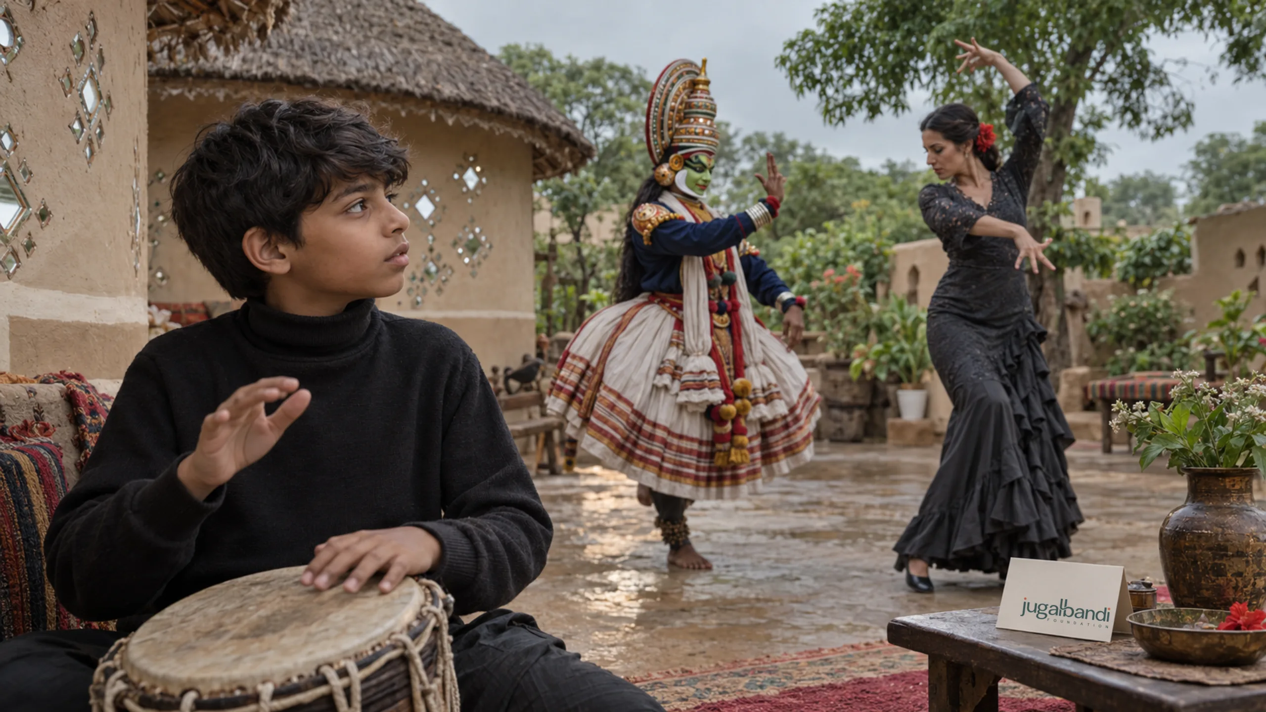 AI-generated illustration: Kathakali artist and flamenco dancer rehearsing together