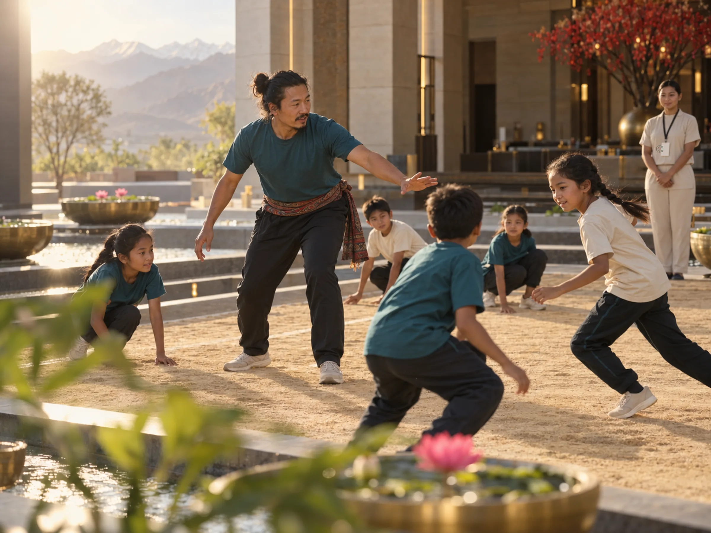 AI-generated illustration: Children playing kho-kho in a village courtyard